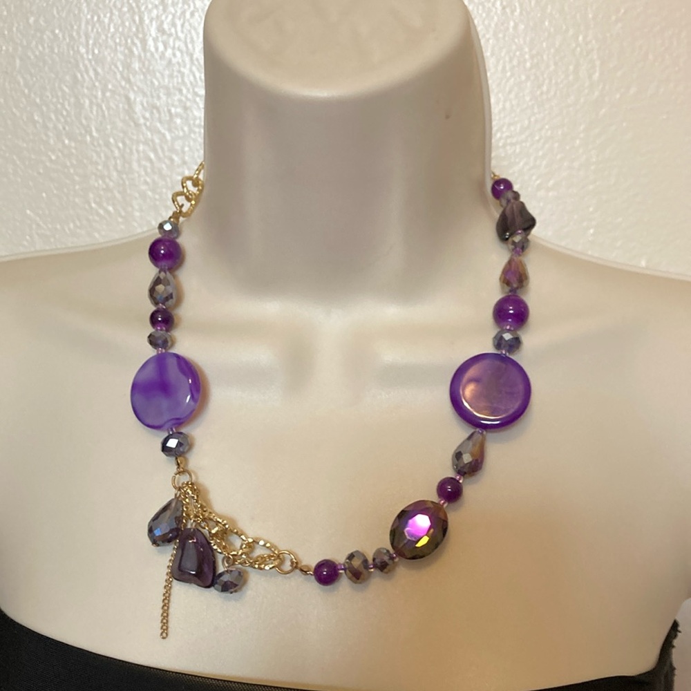 Purple And Gold Tone Beaded Statement Necklace